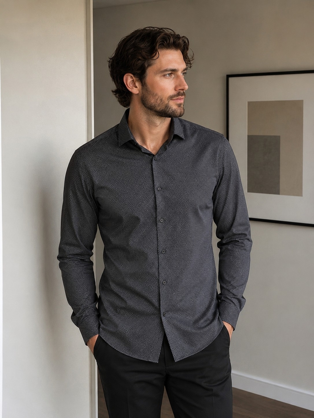 Calvin Klein Charcoal Micro-Pattern Dress Shirt